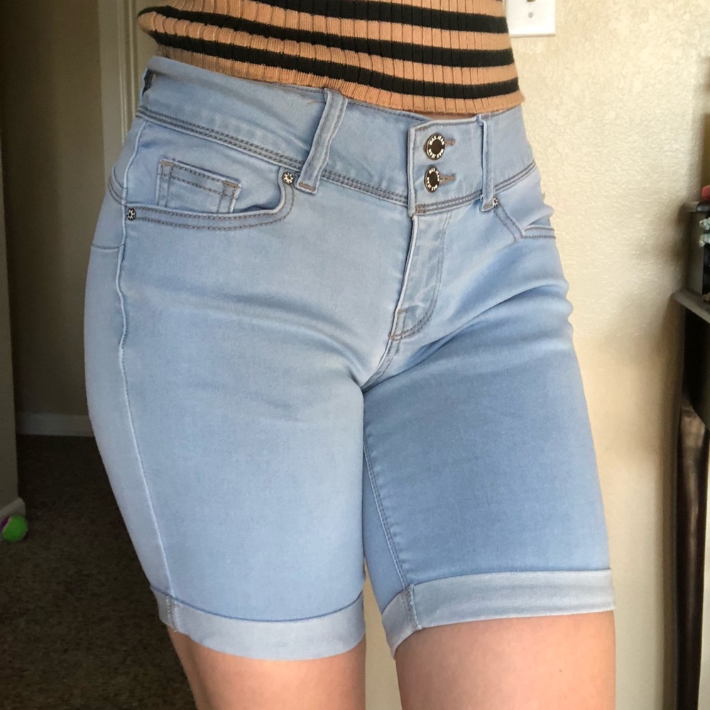 🩵 Bermuda Shorts, Summer Bottoms, Light Blue Soft Stretchy Long Women’s Shorts
